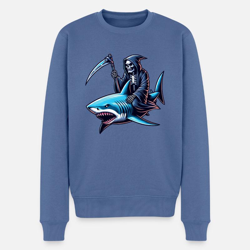 Skeleton Reaper chevauche un requin - Pull Premium bio Homme - bleu pigeon