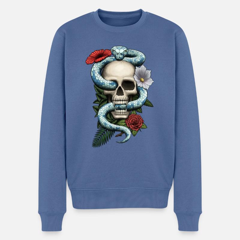 Crâne avec serpent et fleurs - Pull Premium bio Homme - bleu pigeon