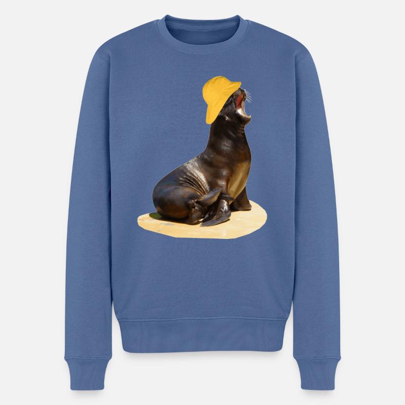 Seelöwe mit Südwester Kopfbedeckung - Männer Premium Bio Pullover - Taubenblau