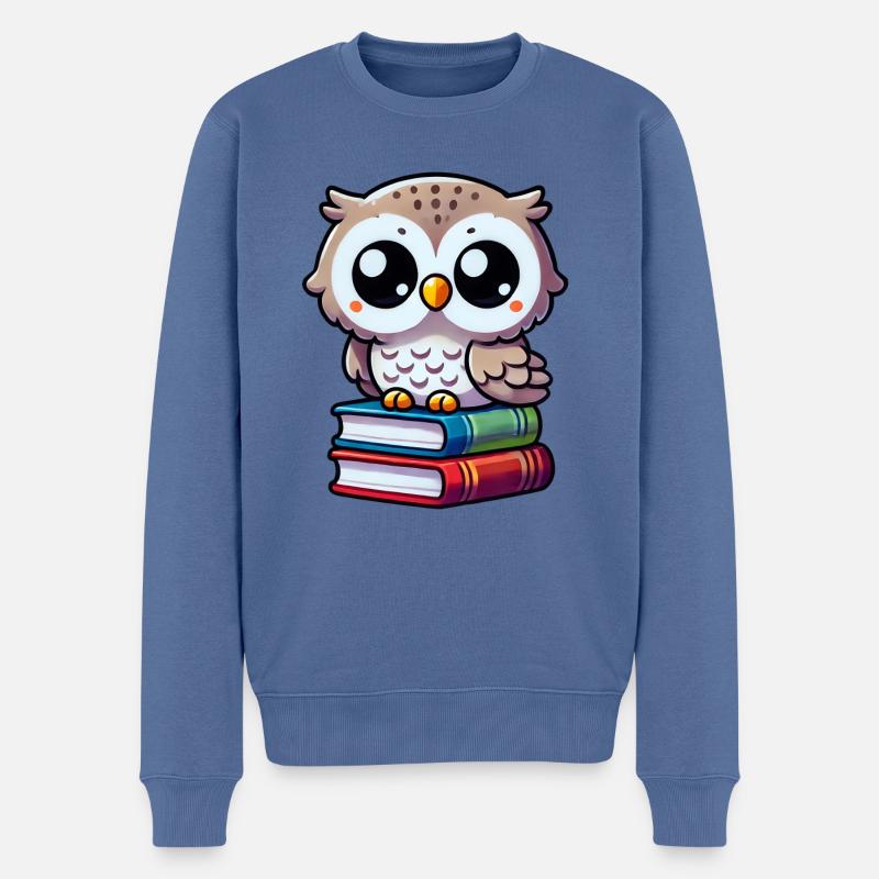 Eule auf Büchern - Männer Premium Bio Pullover - Taubenblau