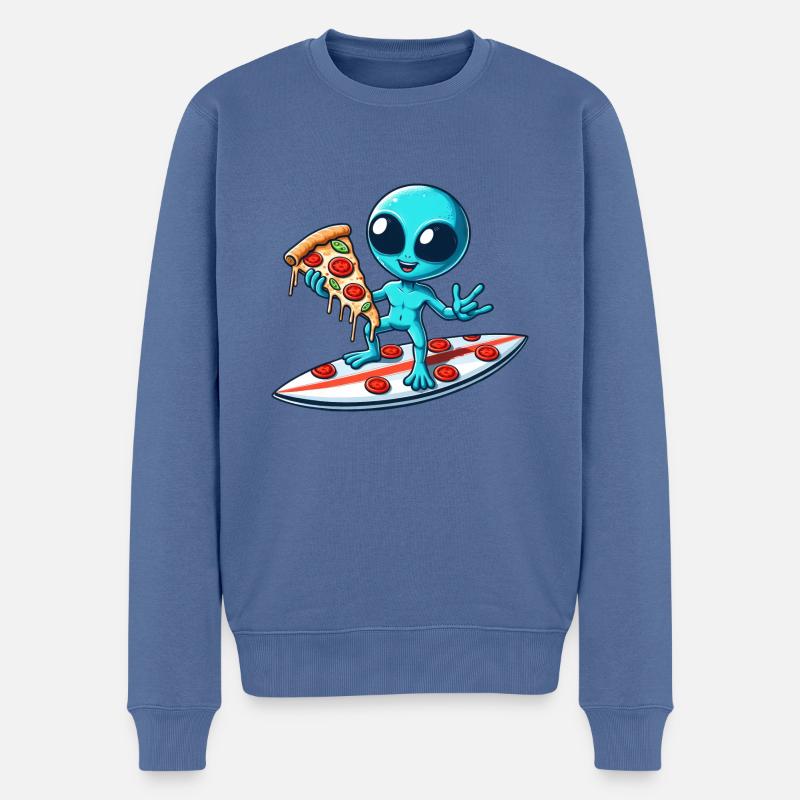 Cooler Alien Surfer mit Pizza - Männer Premium Bio Pullover - Taubenblau