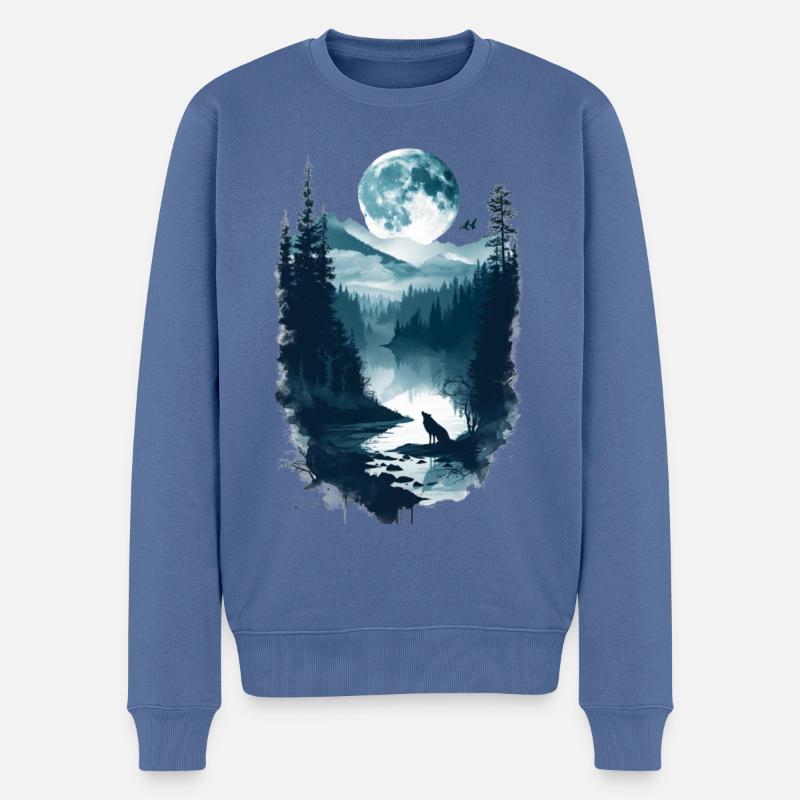 Wolf heult den Mond an - Männer Premium Bio Pullover - Taubenblau