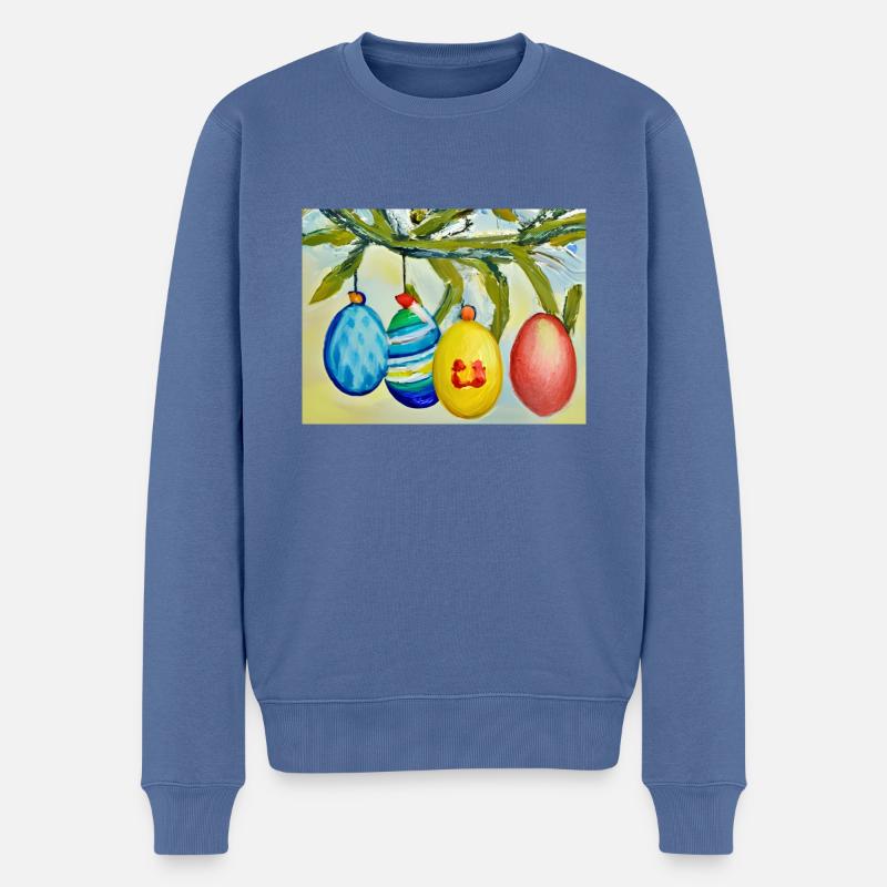 Bunter Eierzweig - Männer Premium Bio Pullover - Taubenblau