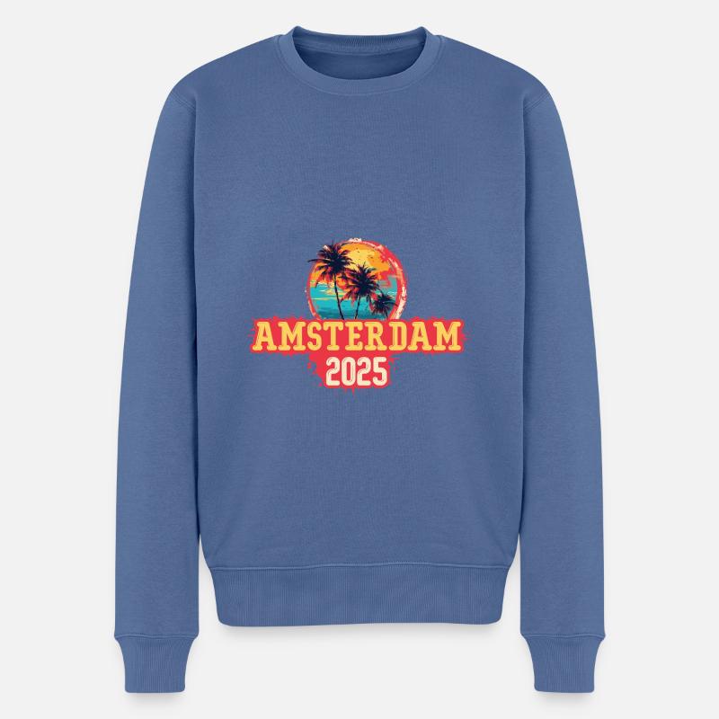 Amsterdam 2025 Palmiers - Pull Premium bio Homme - bleu pigeon