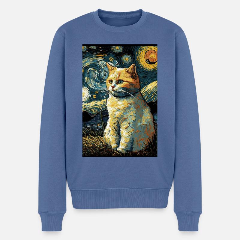 Katze Van Gogh Style Cool Bunt Nachthimmel Sterne - Männer Premium Bio Pullover - Taubenblau