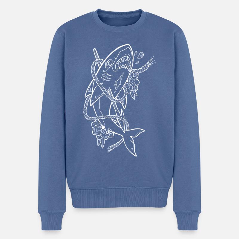 Old School Shark White - Pull Premium bio Homme - bleu pigeon