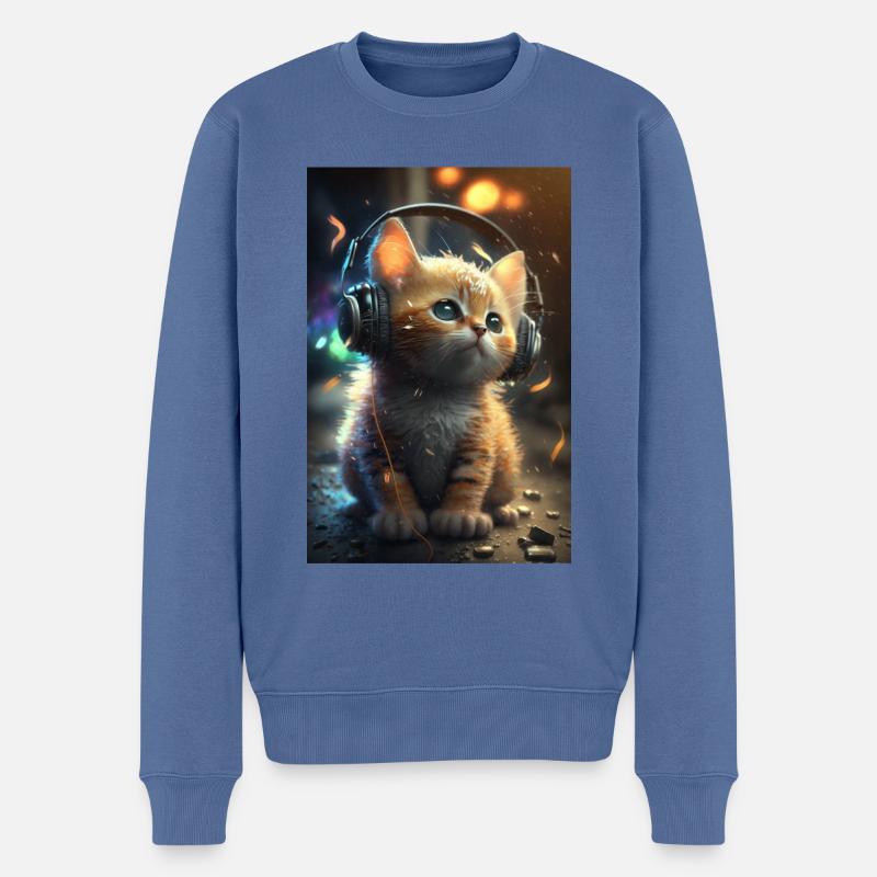Chat avec des écouteurs - Pull Premium bio Homme - bleu pigeon