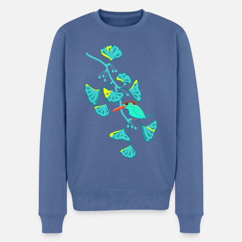 Eisvogel und Ginkgo - Männer Premium Bio Pullover - Taubenblau