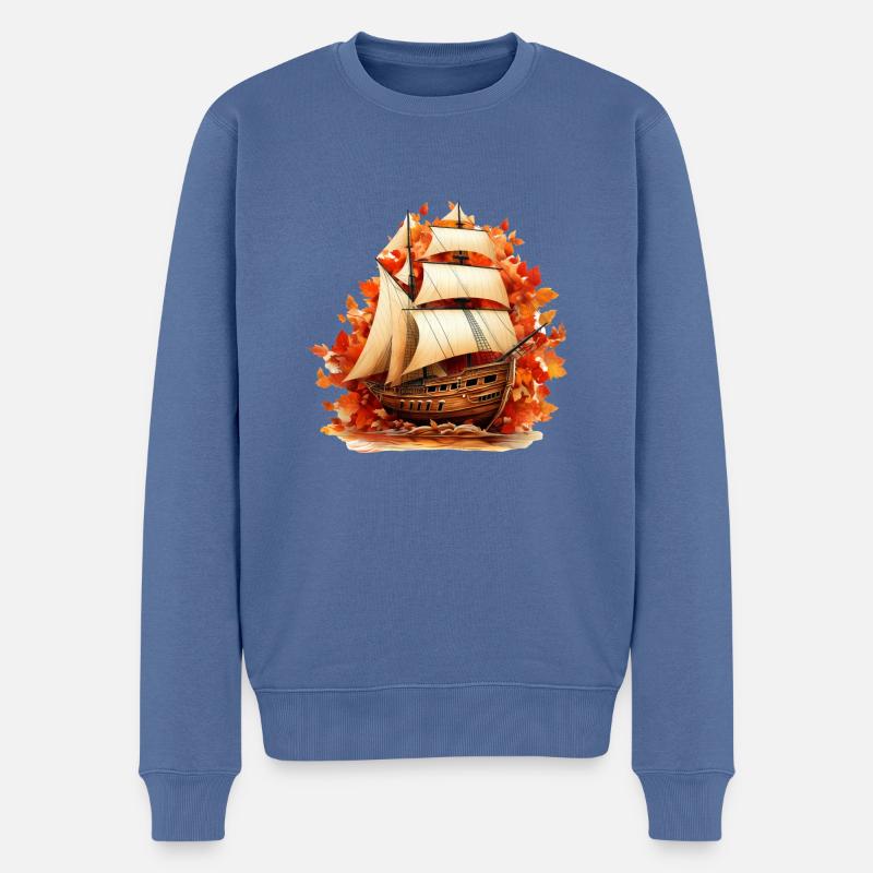 Herbstsegeln: Segelschiff durch buntes Laub - Männer Premium Bio Pullover - Taubenblau