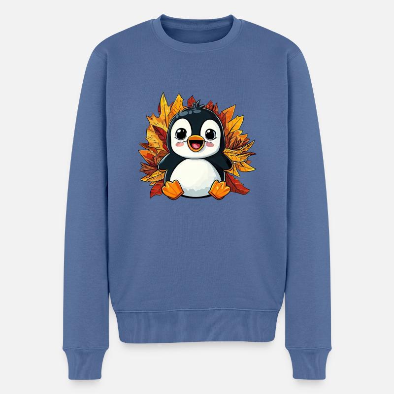 Herbst-Pinguin: Laub und Bunte Blätter - Männer Premium Bio Pullover - Taubenblau