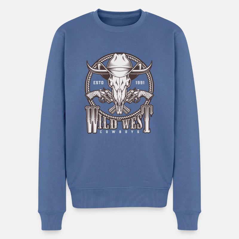 Western Wild West Cowboy skull - Pull Premium bio Homme - bleu pigeon