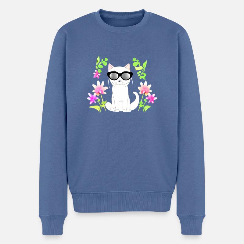 Katze mit blume - Männer Premium Bio Pullover - Taubenblau