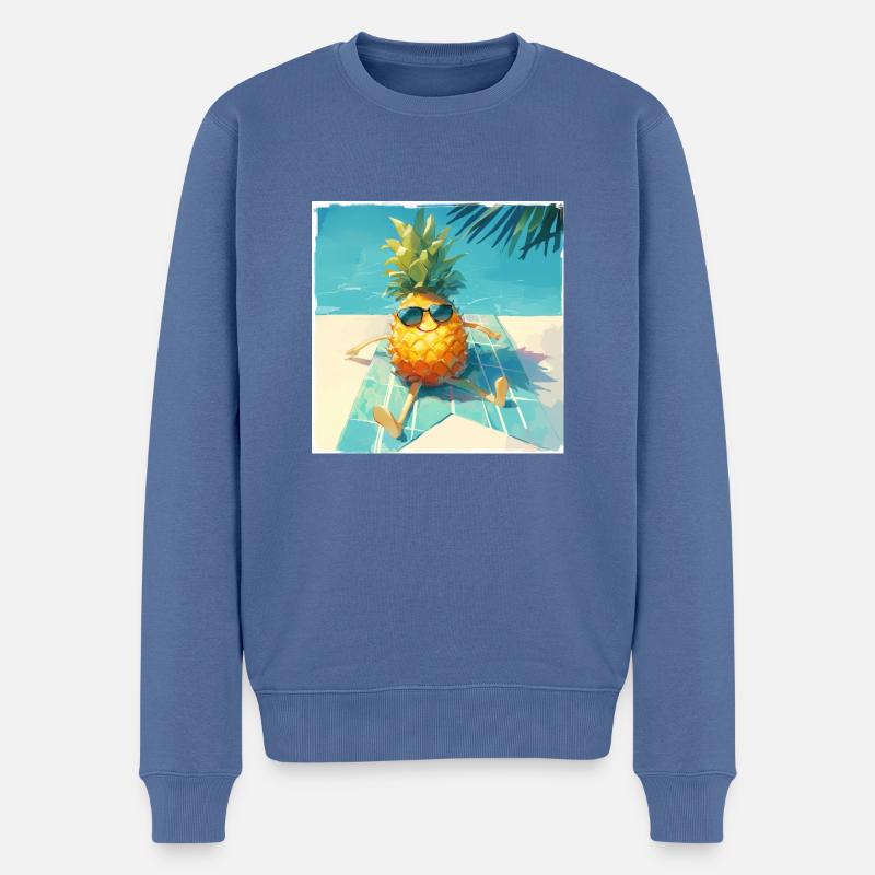 Drôle d’ananas prenant un bain de soleil au bord de la piscine - Pull Premium bio Homme - bleu pigeon
