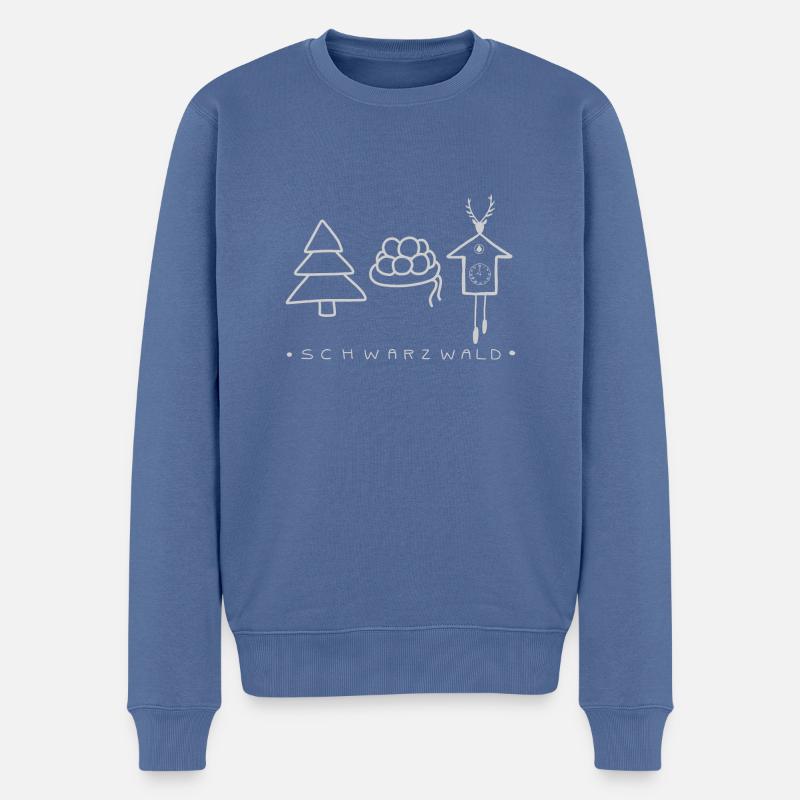 Schwarzwald mit Tannenbaum, Bollenhut und Uhr grau - Männer Premium Bio Pullover - Taubenblau