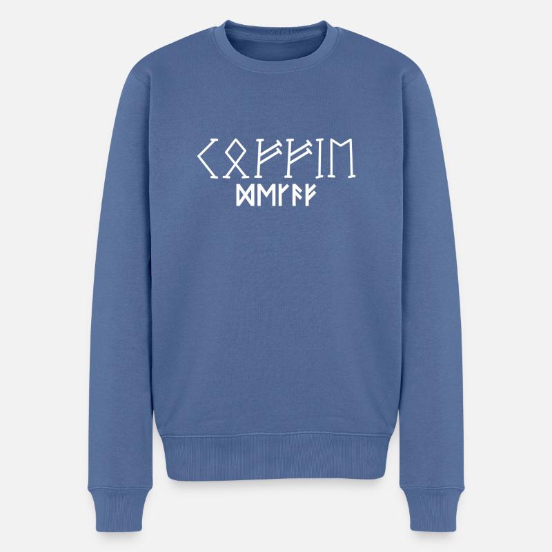 Etikett Koffie Entkoffeiniert in Runen - Männer Premium Bio Pullover - Taubenblau