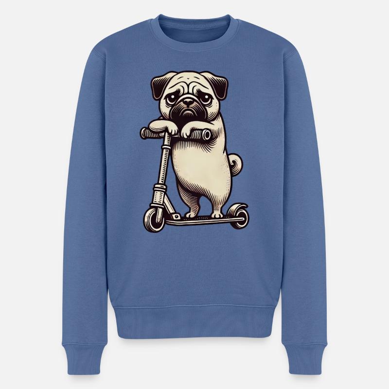 Lustiger Mops auf Scooter Comic Cartoon - Männer Premium Bio Pullover - Taubenblau