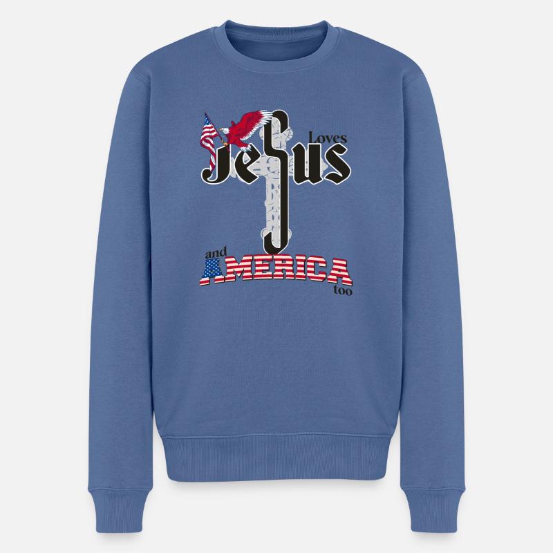 Retro liebt Jesus und Amerika auch, Adler, 4. - Männer Premium Bio Pullover - Taubenblau
