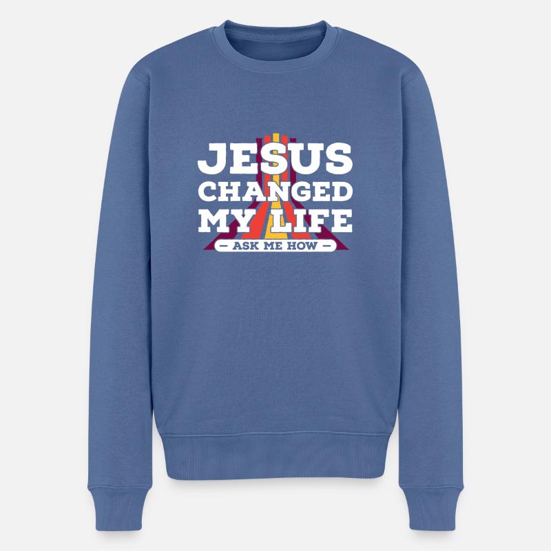 Jesus hat mein Leben verändert, frag mich wie bei Vintage - Männer Premium Bio Pullover - Taubenblau
