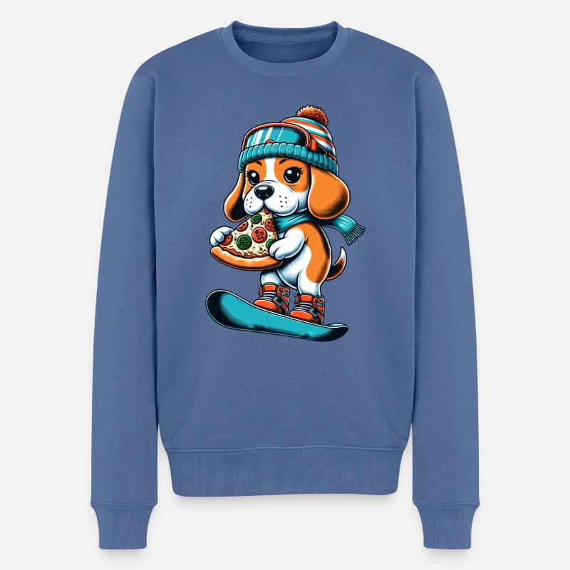 Beagle Snowboarder : Descente de pizza - Pull Premium bio Homme - bleu pigeon