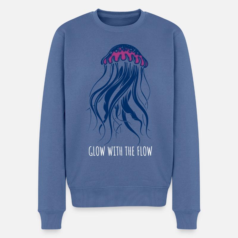 Glow With The Flow, Qualle mit Tentakeln, Spruch - Männer Premium Bio Pullover - Taubenblau