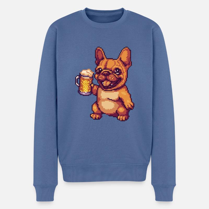 Français Buldog Chiens Bière Pixel - Pull Premium bio Homme - bleu pigeon