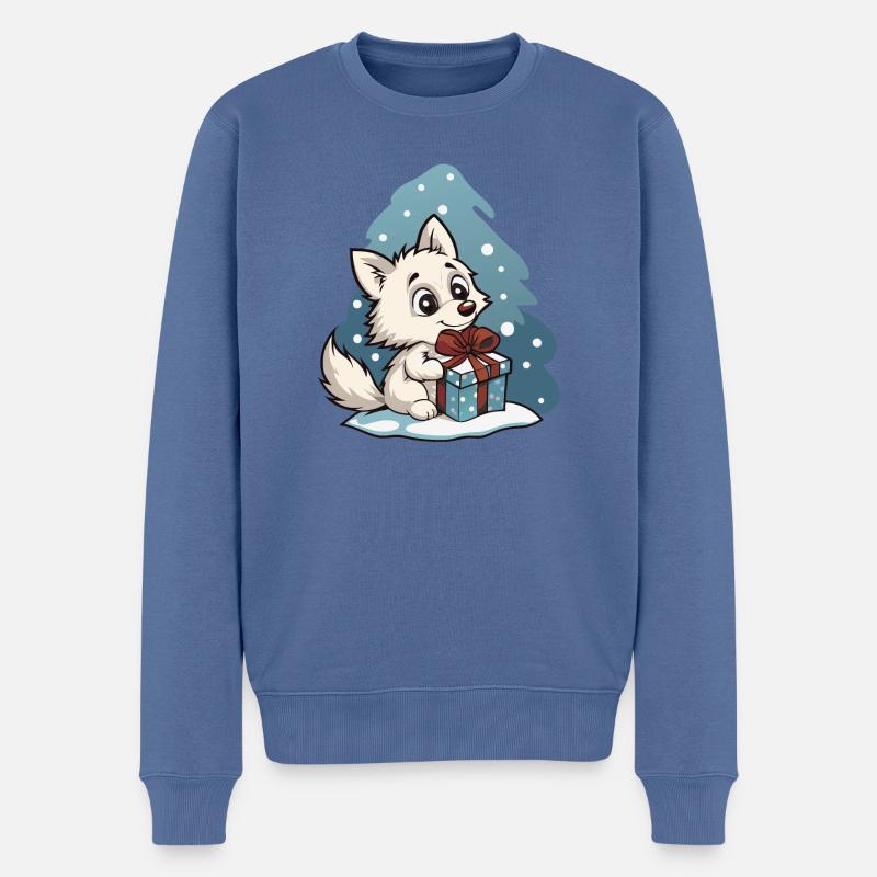 Niedlicher Wolf mit Geschenk an Weihnachten - Männer Premium Bio Pullover - Taubenblau