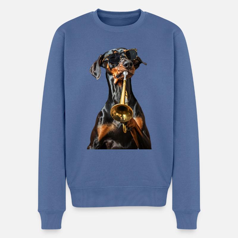 Doberman Pinscher Trompette - Pull Premium bio Homme - bleu pigeon