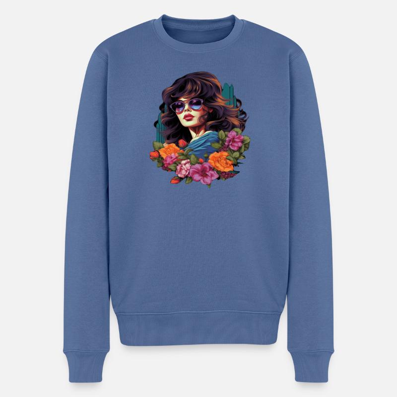 Elegante Frau mit Blumen und Sonnenbrille - Männer Premium Bio Pullover - Taubenblau
