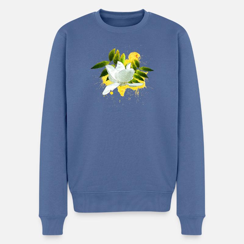 hübsche Blumenprints, Magnolie mit Blättern - Männer Premium Bio Pullover - Taubenblau