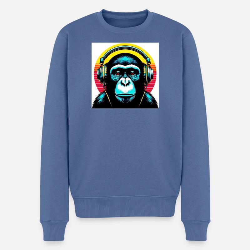 Schimpansenaffe hört Musik mit Kopfhörern - Männer Premium Bio Pullover - Taubenblau
