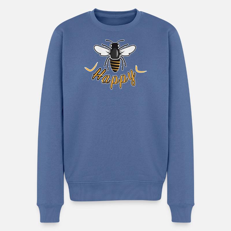 Happy bee with 'Happy' lettering - Men's Premium Organic Jumper - stone blue