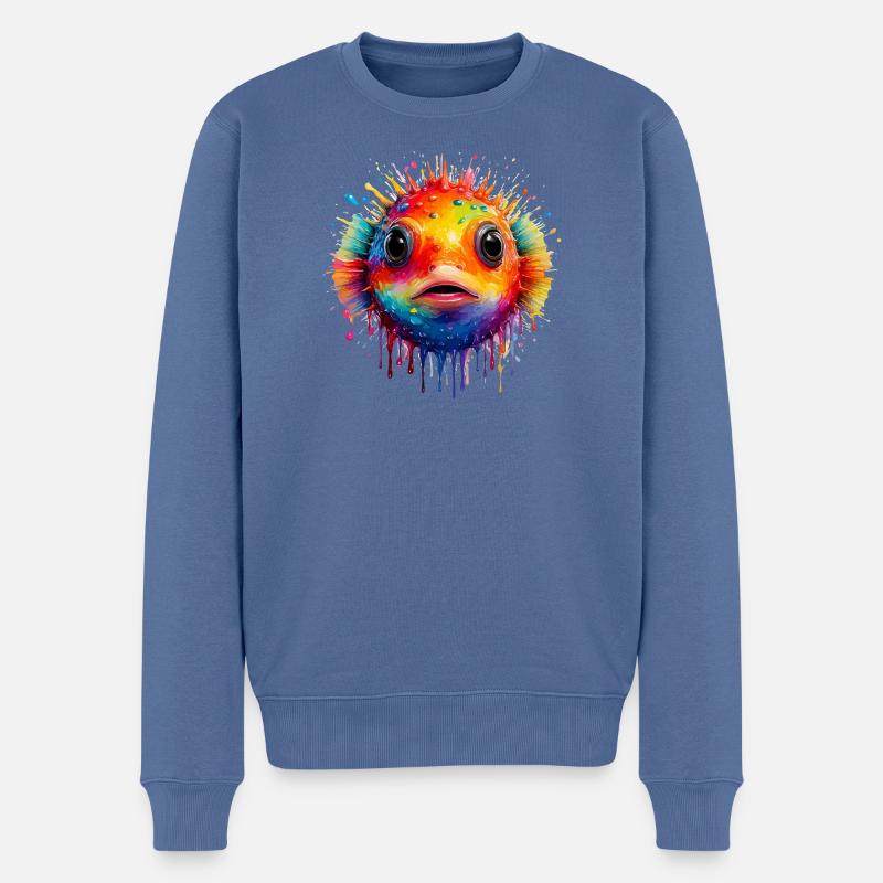 Farbexplosion Pufferfisch Kunstdruck - Männer Premium Bio Pullover - Taubenblau