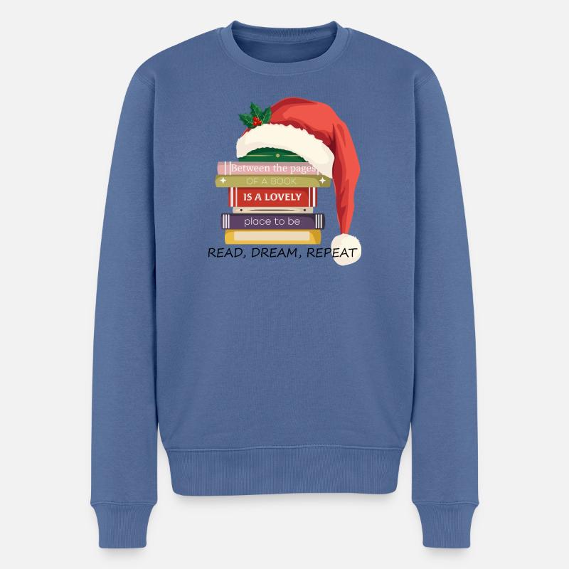 Bücherstapel mit Weihnachtsmütze - Männer Premium Bio Pullover - Taubenblau