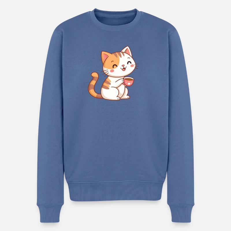 Kawaii-Katze im Café - Männer Premium Bio Pullover - Taubenblau