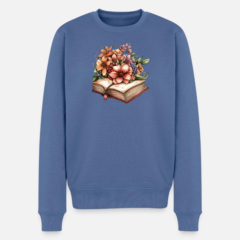 Blumen im aufgeschlagenen Buch - Männer Premium Bio Pullover - Taubenblau
