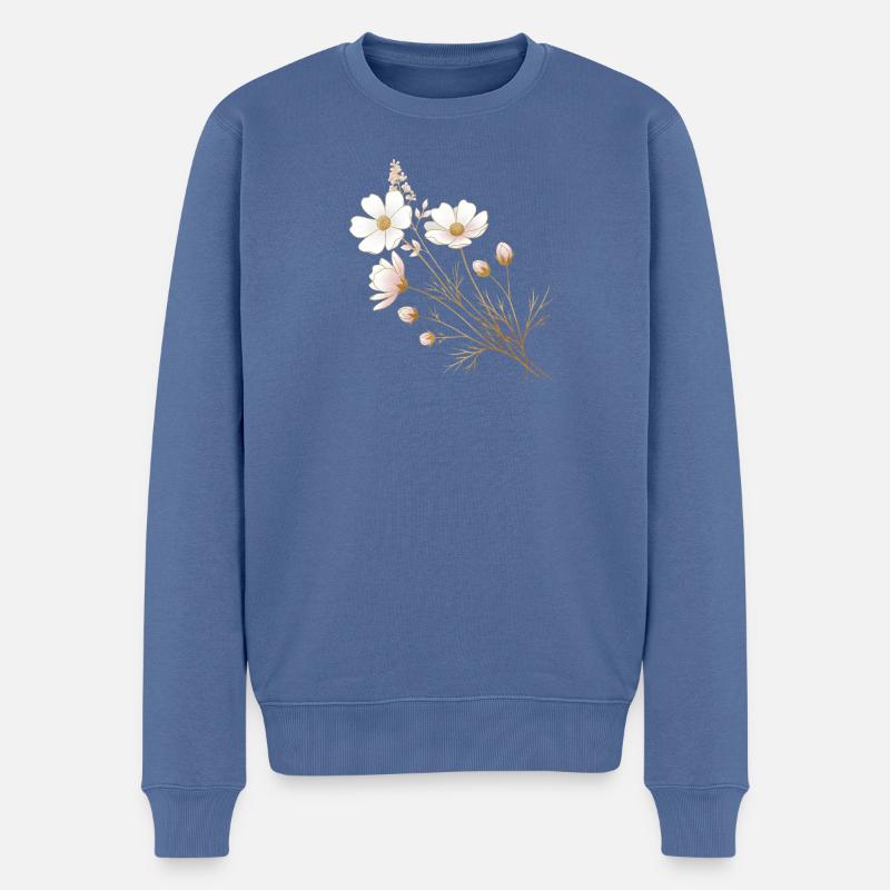 Accents dorés, fleurs blanches - Pull Premium bio Homme - bleu pigeon