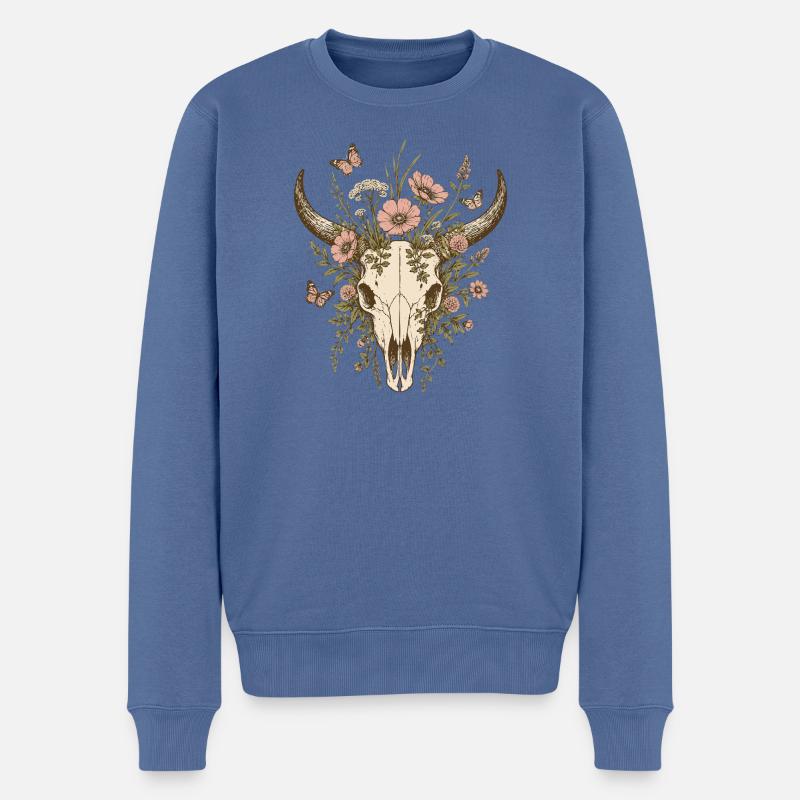 Floraler Longhorn-Schädel - Männer Premium Bio Pullover - Taubenblau