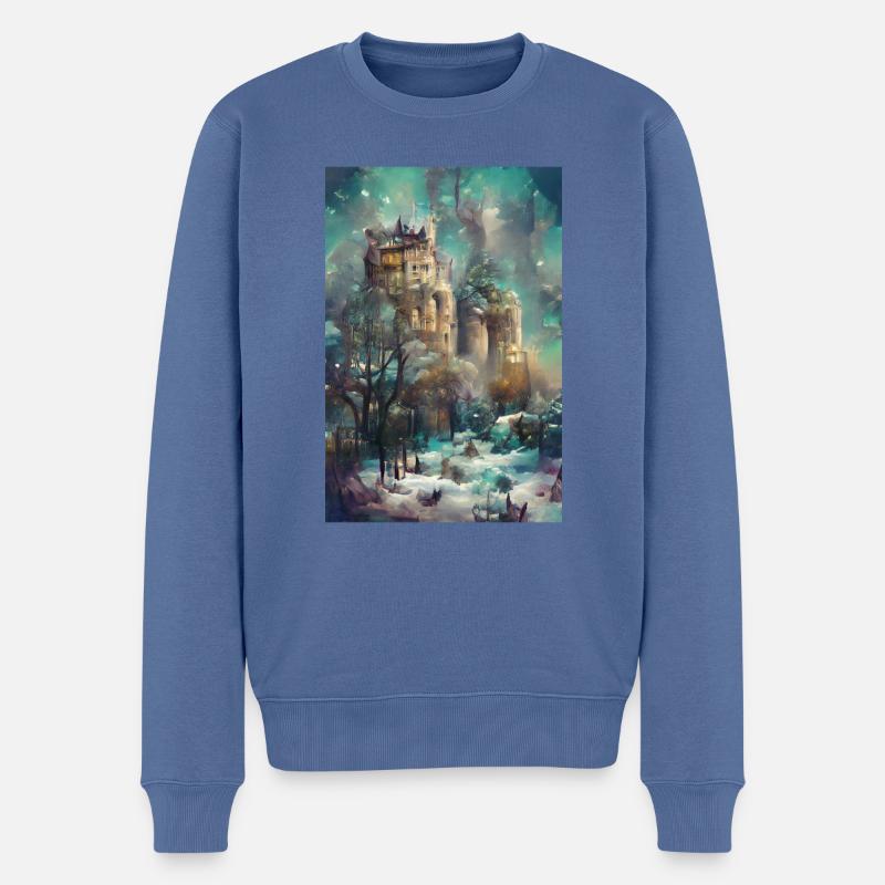 Schloss im Wald, Fantasy-Dschungel - Männer Premium Bio Pullover - Taubenblau