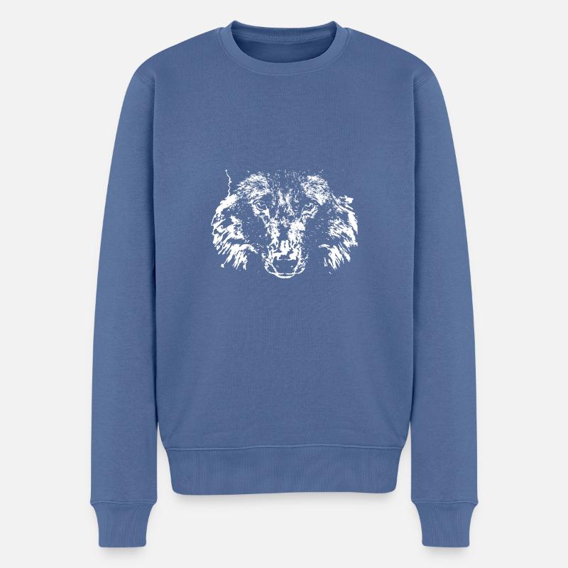 loup,blanc,illustration,portrait,recto - Pull Premium bio Homme - bleu pigeon