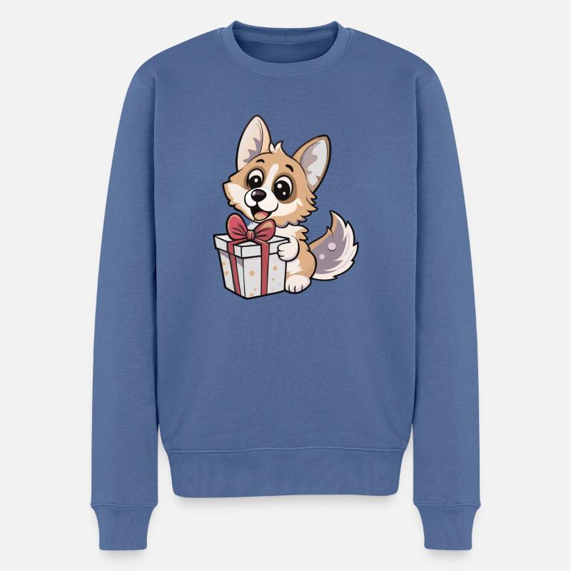 Niedlicher Wolf packt Geschenk aus - Männer Premium Bio Pullover - Taubenblau
