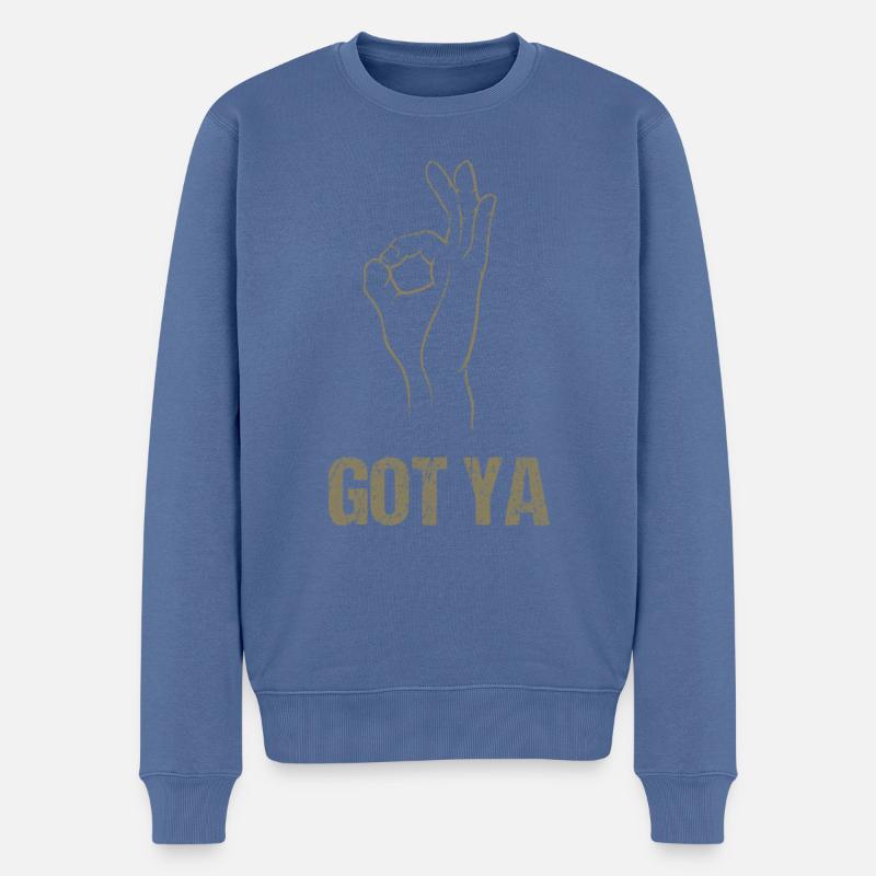 « Reingeguckt » Handspiel - Klassischer Got - Pull Premium bio Homme - bleu pigeon