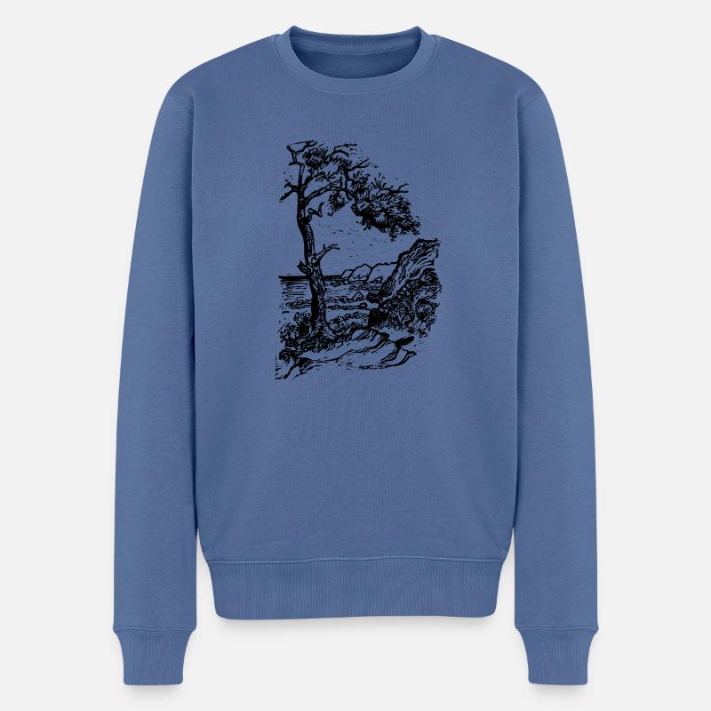 Ostsee Strand Linolschnitt schwarz - Männer Premium Bio Pullover - Taubenblau