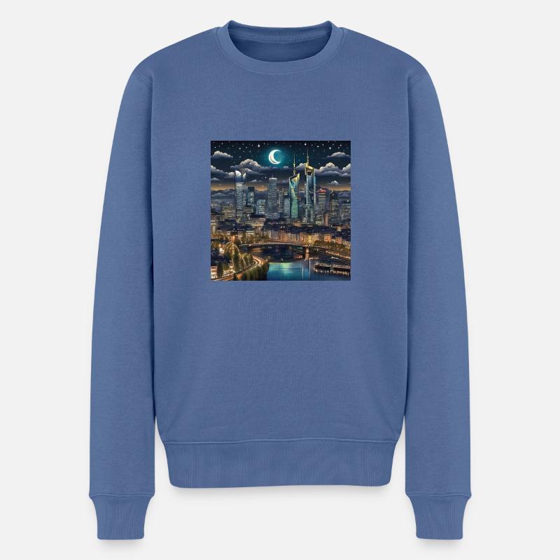 Frankfurt, skyline, nachts, Sterne, Nacht - Männer Premium Bio Pullover - Taubenblau