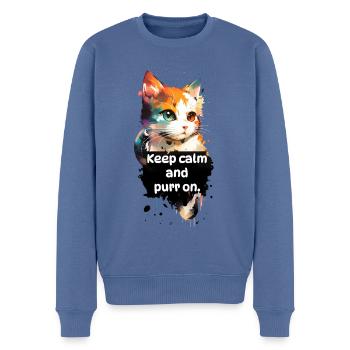 « Restez calme et ronronnez. » - Chat - Pull Premium bio Homme - bleu pigeon - Devant - Nico (187cm)