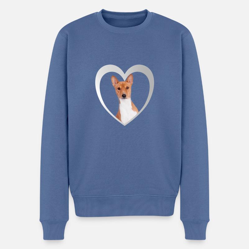 Basenji Heart - J’aime Basenji - Pull Premium bio Homme - bleu pigeon