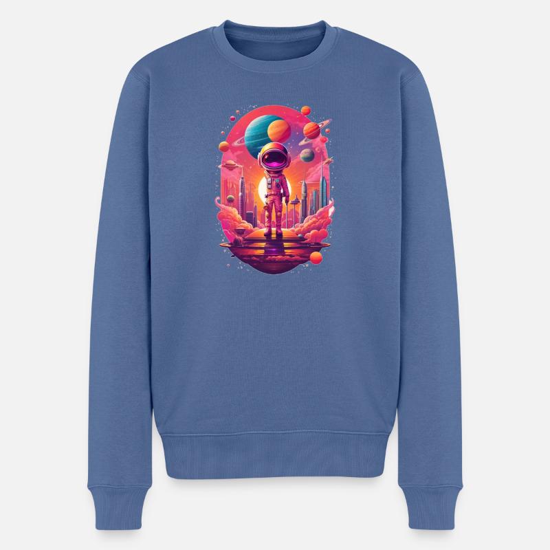 Astronaut im Neon-Stadtplanet - Männer Premium Bio Pullover - Taubenblau