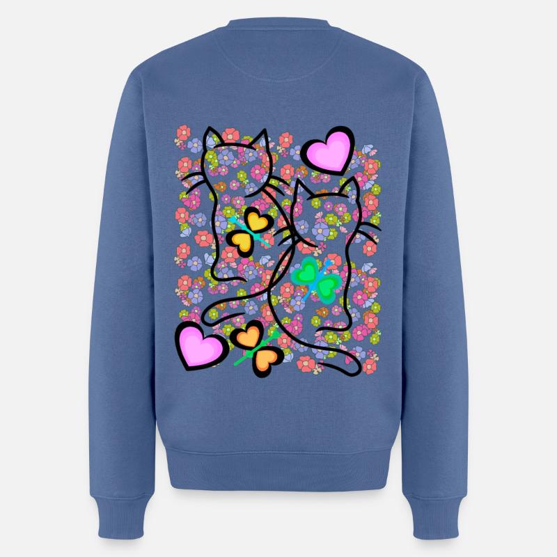 Frühling Sommer Retro Katzen Blumen 80er 90er - Männer Premium Bio Pullover - Taubenblau