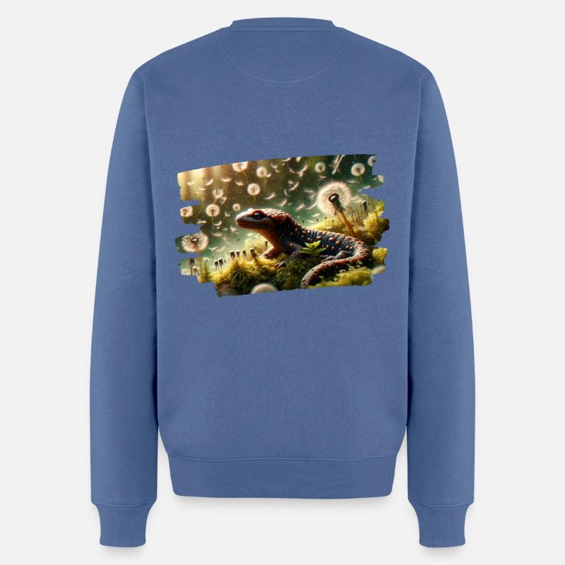 Salamander zwischen schwimmenden Löwenzahnsamen - Männer Premium Bio Pullover - Taubenblau