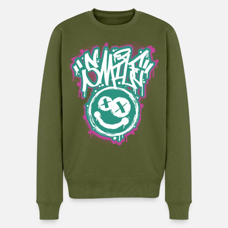 Lettres Smile Face Graphitti - Pull Premium bio Homme - kaki