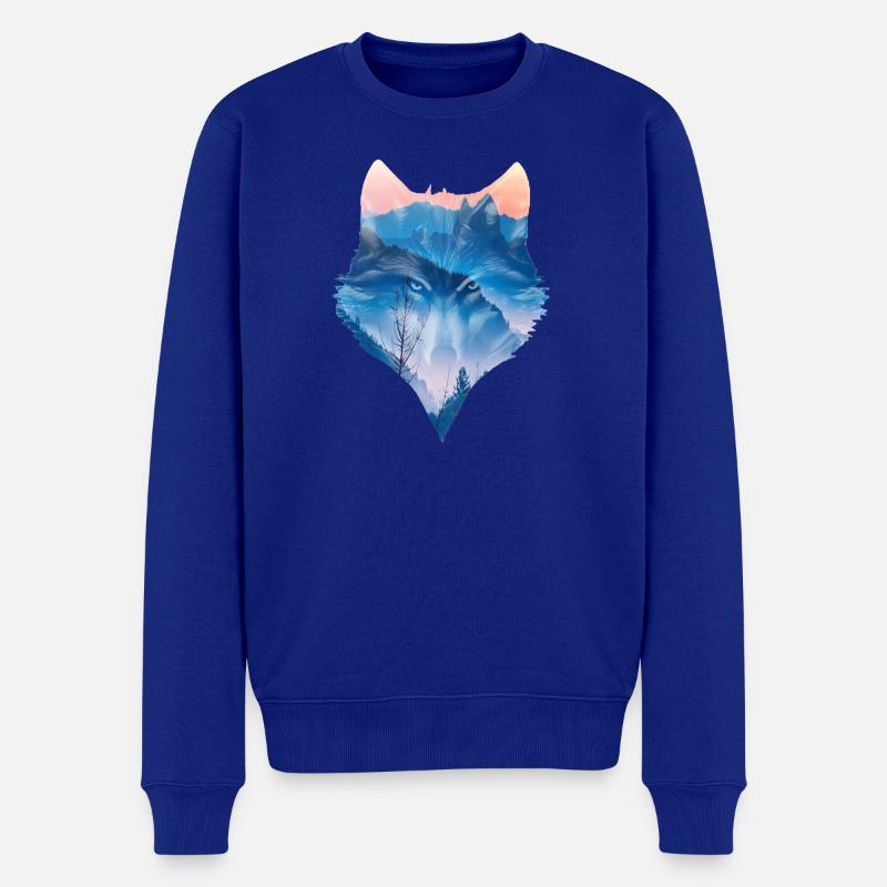 Nordischer Wolf und Berglandschaft - Männer Premium Bio Pullover - Royalblau